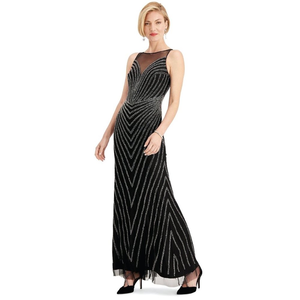 Adrianna Papell Women's Beaded Mermaid Dress Black/Gunmetal Size US 6